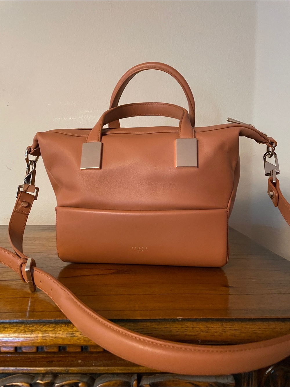 Minimal Structured Satchel in Tan Leather with Top Handle
